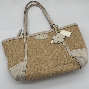 Coach Alexandra Straw Tote With White Python  Patent Leather Trim & Studs F21959